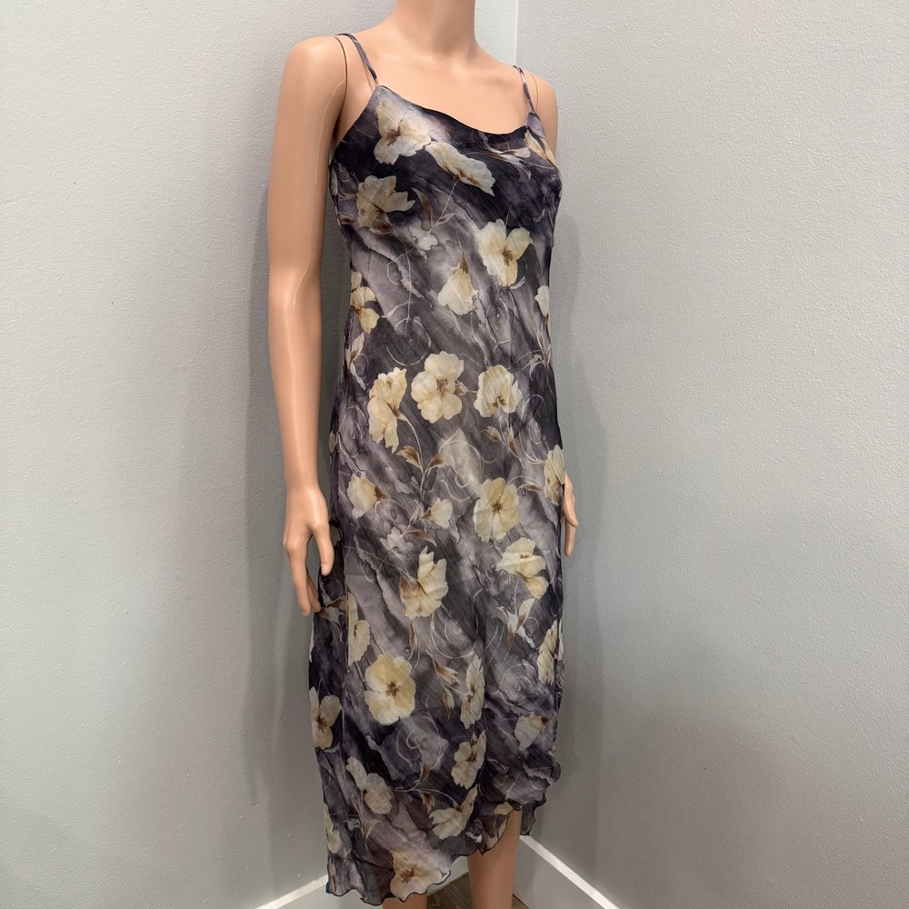 Kasper Womens Watercolor Floral Midi Slip Dress Grey Cream Spaghetti Strap Lined